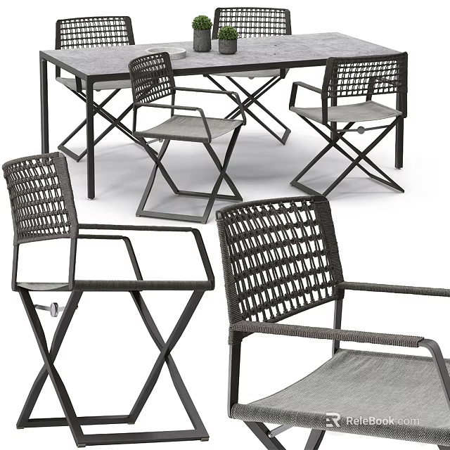 Modern Dining Table Set With Woven Chairs And Metal Frame Gray Seats 3d model 