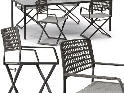 Modern Dining Table Set With Woven Chairs And Metal Frame Gray Seats 3d model