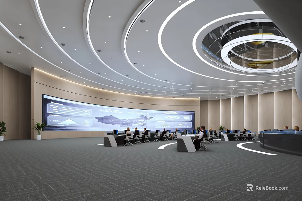 Modern Control Room Interior Design With Large Screen Staff And Curved Ceiling Lighting 3d model 