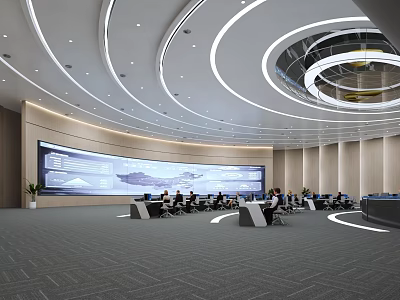 Modern Control Room Interior Design With Large Screen Staff And Curved Ceiling Lighting 3d model