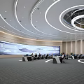 Modern Control Room Interior Design With Large Screen Staff And Curved Ceiling Lighting