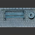 Blue Outdoor Bench with Trash Can on Decorative Brick Platform