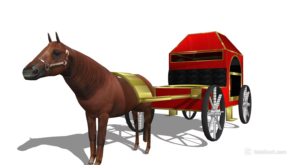 Elegant Red Horse Drawn Carriage With Brown Horse Golden Decorations And Black Wheels 3d model 