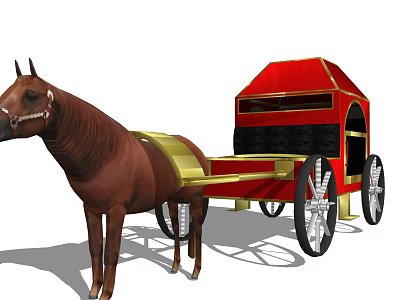 Elegant Red Horse Drawn Carriage With Brown Horse Golden Decorations And Black Wheels 3d model