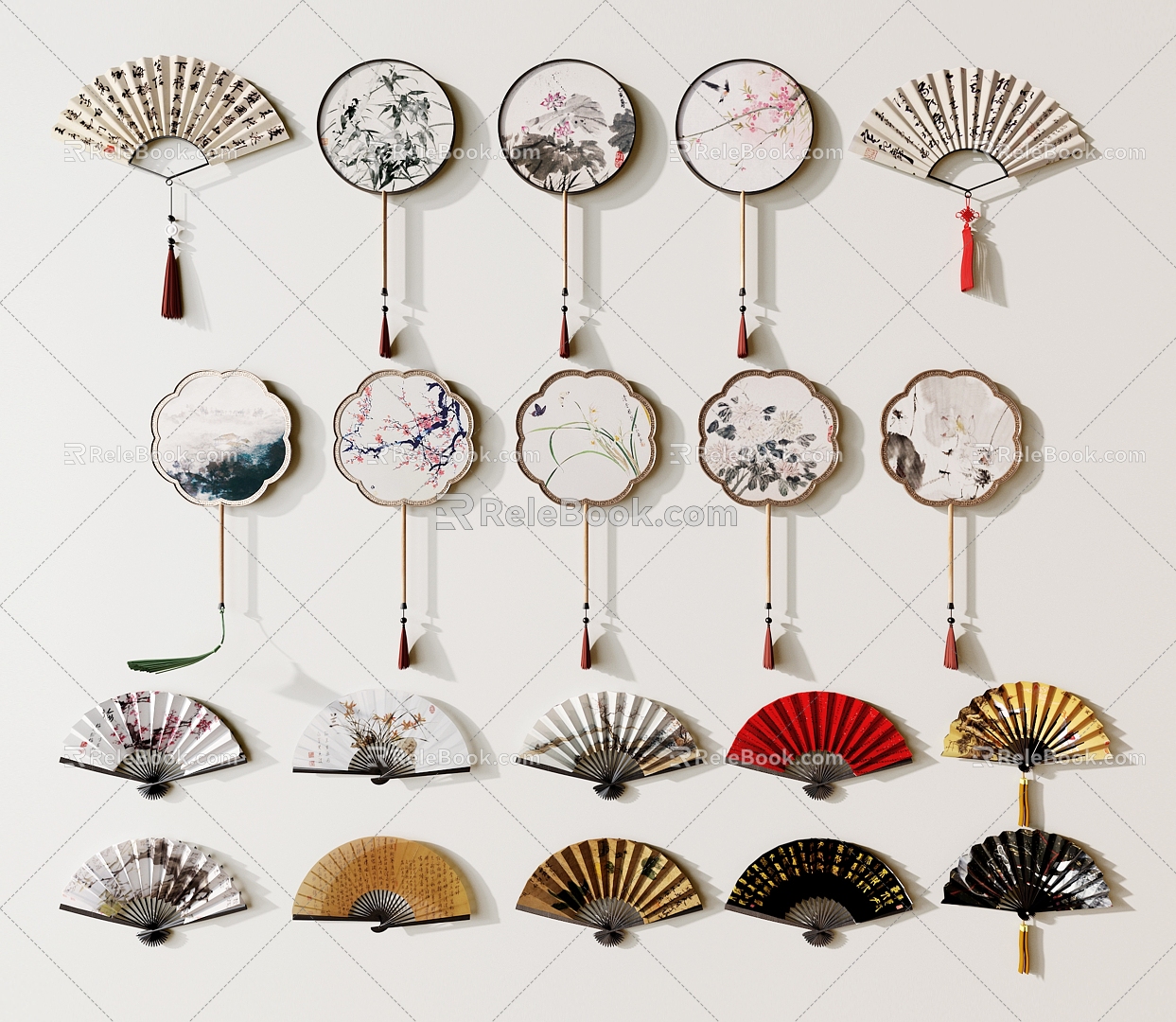 Palace Fan Dance Fan Silk Cloth Small Group Fan Long Handle Ancient Fan Chinese Fan Pendant 3d model