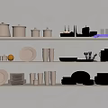 Modern Kitchen Shelf With Ceramic Jars Plates Mugs And Dinnerware Storage 3d model
