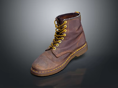 Brown Leather Work Boots With Yellow Laces And Stitched Sole Design 3d model