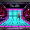 Modern Dance Hall With Neon Lighting Colorful Grid Floor And Geometric Decor
