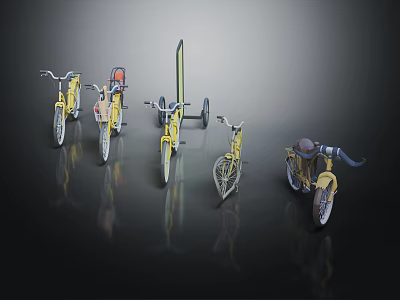 Multiple Yellow Bicycles In Various Styles With Reflective Surfaces On Dark Background 3d model