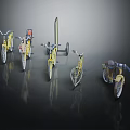 Multiple Yellow Bicycles In Various Styles With Reflective Surfaces On Dark Background