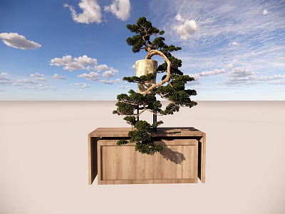 Bonsai Tree With Curved Trunk On Wooden Stand Under Blue Sky And White Clouds 3d model