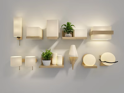 Various Modern Wall Lamps with Different Designs and Small Potted Plants for Interior Decoration 3d model