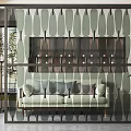 Modern Geometric Patterned Room Divider With Metal Frame And Green Tones Behind Sofa 3d model