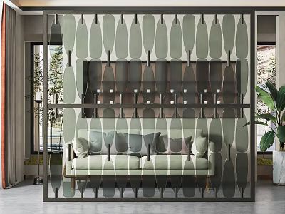 Modern Geometric Patterned Room Divider With Metal Frame And Green Tones Behind Sofa 3d model