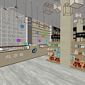 Specialty Store Interior With Shelves Display Products Hanging Lights And Brand Logo