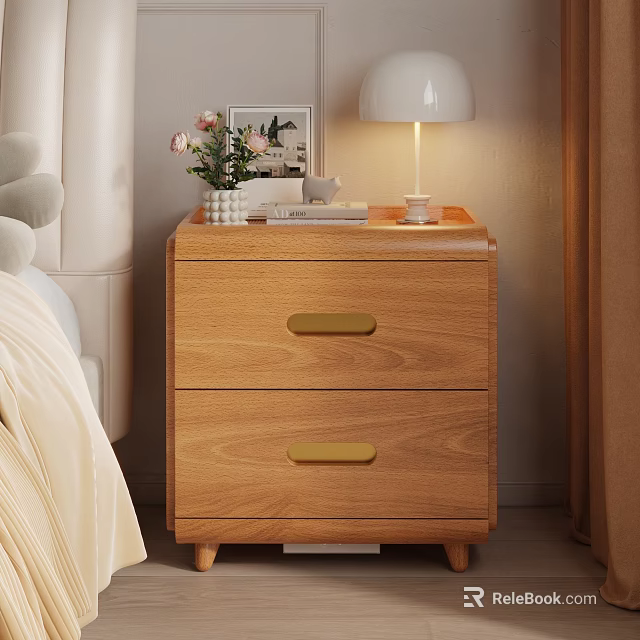 Wooden Nightstand With Two Drawers Golden Handles White Lamp Pink Flowers And Photo Frame 3d model 