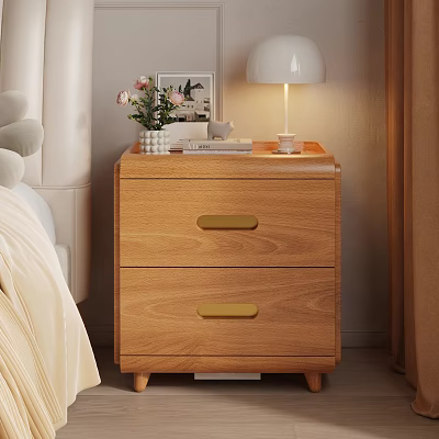 Wooden Nightstand With Two Drawers Golden Handles White Lamp Pink Flowers And Photo Frame 3d model