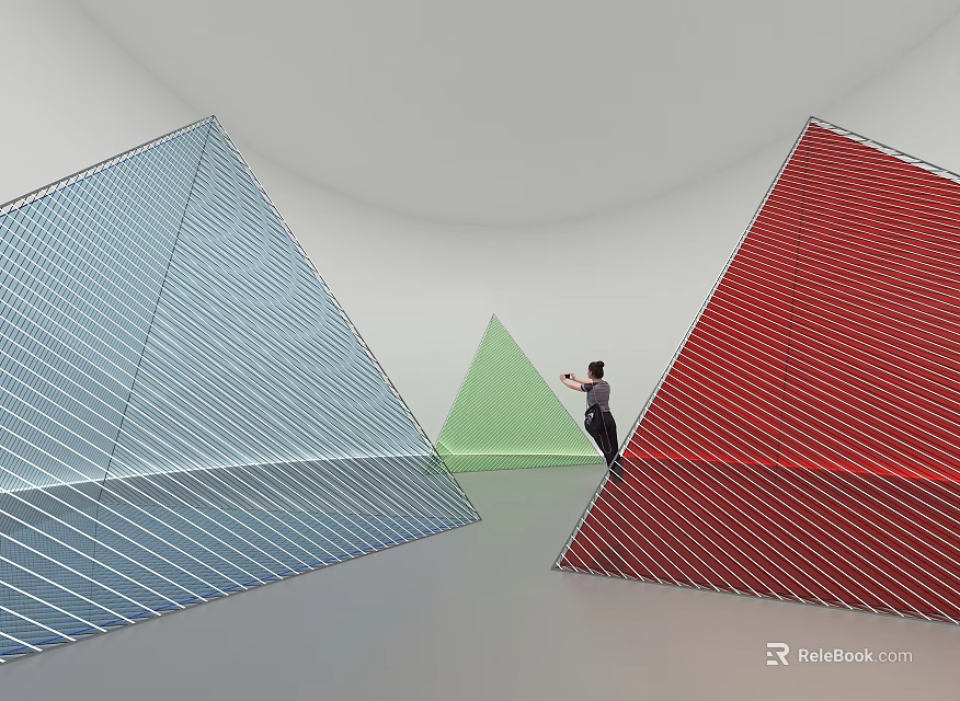 Colorful Geometric Art Installation With Blue Green Red Triangles And Human Figure In White Space 3d model 
