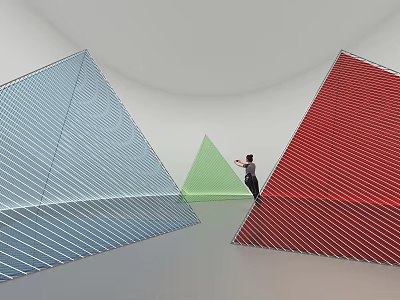 Colorful Geometric Art Installation With Blue Green Red Triangles And Human Figure In White Space 3d model