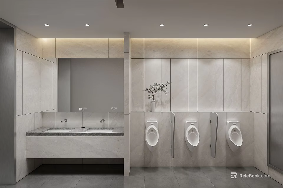 Modern Public Restroom With White Marble Walls Double Sinks Mirror Urinals And Vase Decoration 3d model 