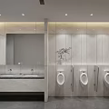 Modern Public Restroom With White Marble Walls Double Sinks Mirror Urinals And Vase Decoration