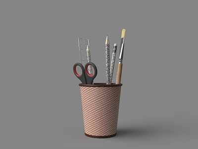 Brown Checkered Pencil Holder With Scissors Pencils Patterned Pen And Paintbrush 3d model