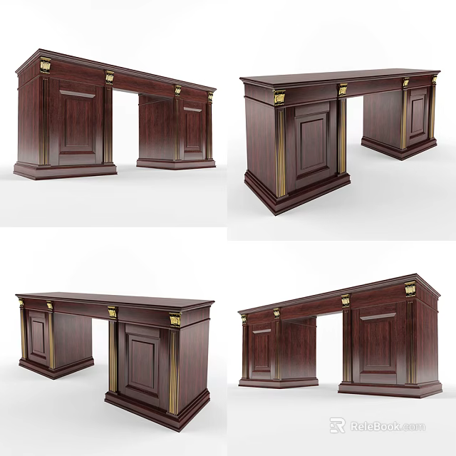 Dark Wood Office Desk With Gold Accents And Cabinet Storage Design 3d model 