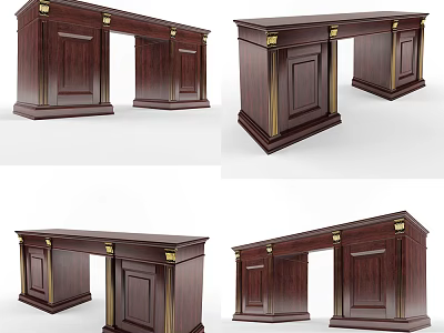 Dark Wood Office Desk With Gold Accents And Cabinet Storage Design 3d model