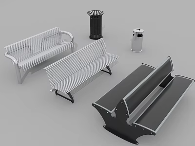 Various Design Metal Outdoor Benches With Trash Cans In Public Space 3d model