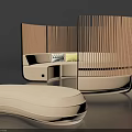 Modern Irregular Shaped Sofa Interior With Curved Beige Upholstery Wooden Partitions And Ambient Lighting