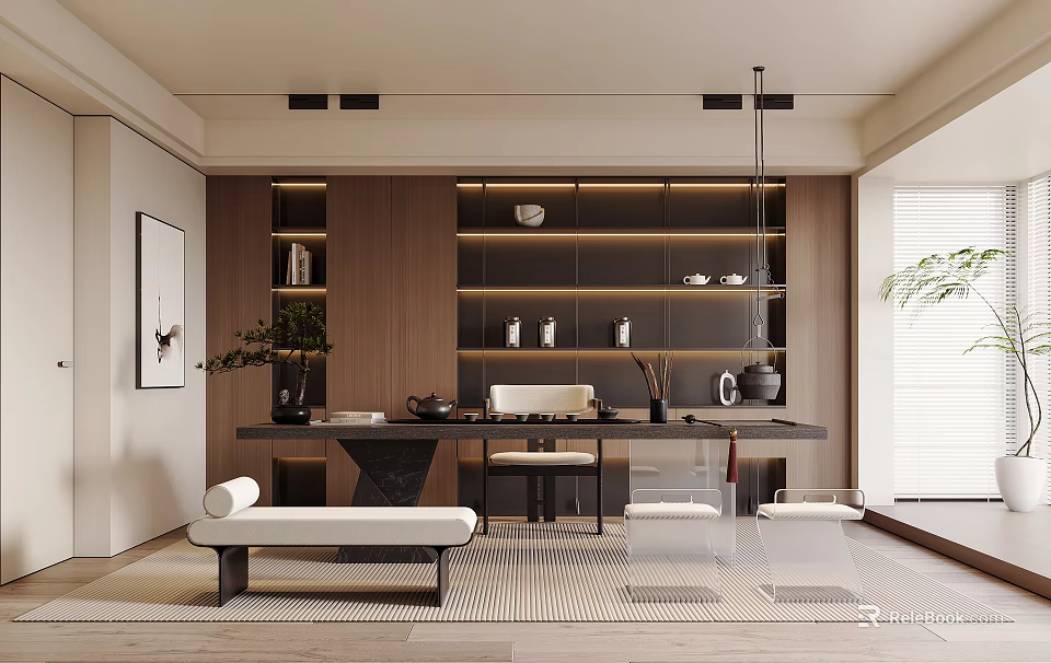 Modern Minimalist Tea Room Interior With Table Seating And Cabinets 3d model