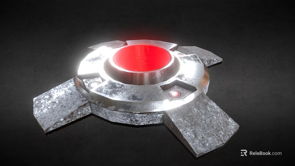 Silver Metallic Device Featuring Red Circular Center And Metallic Wing Structures Design 3d model
