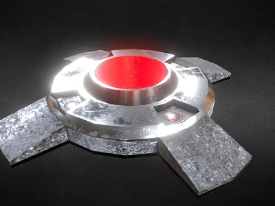 Silver Metallic Device Featuring Red Circular Center And Metallic Wing Structures Design 3d model