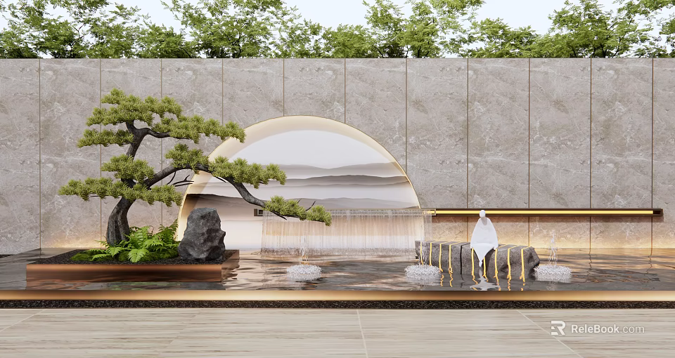 Modern Elegant Scenic Wall Design With Stone Surface Mountain Pattern Waterfall And Pine Tree 3d model 