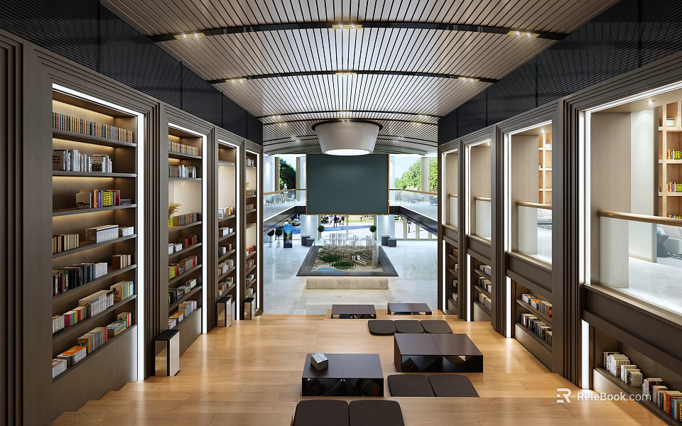 Book Art Library Interior Design With Wooden Bookshelves Spacious Layout Seating Area And Natural Light 3d model 