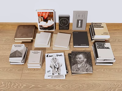 Books Magazines Stacked Collection With Various Covers And Different Themes On Wooden Floor 3d model
