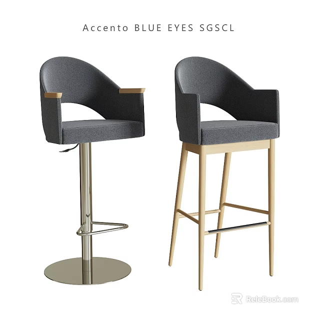 Two Modern Bar Stools With Gray Upholstery Armrests Metal And Wooden Bases 3d model 