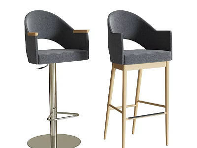 Two Modern Bar Stools With Gray Upholstery Armrests Metal And Wooden Bases 3d model