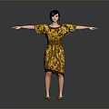 Woman in Yellow and Black Patterned Dress with Short Hair and Outstretched Arms