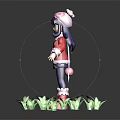 Cute 3D Character Model with Pink Coat Blue Hair Hat and Green Leafy Plants