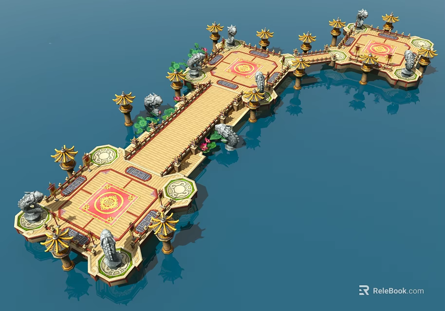 Cartoon Scenery of Floating Wooden Platform With Red Circular Patterns Decorative Pillars and Green Plants 3d model 