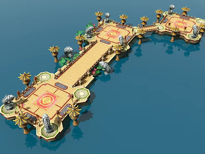 Cartoon Scenery of Floating Wooden Platform With Red Circular Patterns Decorative Pillars and Green Plants 3d model