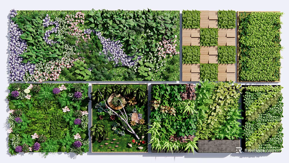 Green Living Wall Various Designs Featuring Colorful Plants And Wooden Accents 3d model 
