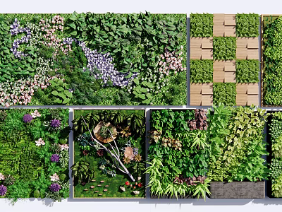Green Living Wall Various Designs Featuring Colorful Plants And Wooden Accents 3d model