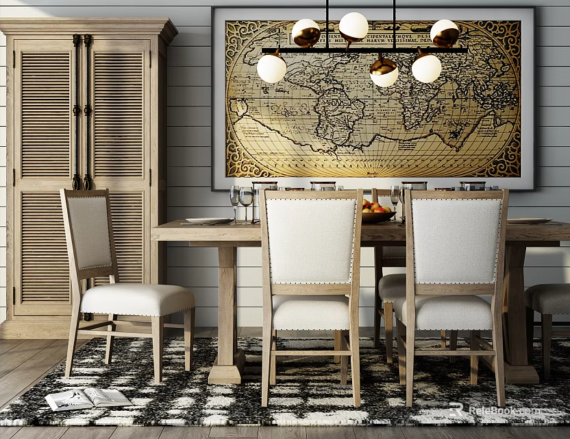 Rustic Dining Table Set Featuring Wooden Chairs Cabinet World Map Art Chandelier And Rug 3d model 