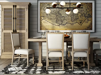 Rustic Dining Table Set Featuring Wooden Chairs Cabinet World Map Art Chandelier And Rug 3d model