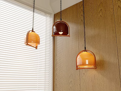 Modern Dome Shaped Pendant Lights Orange And Brown Hanging Over Wooden Wall With Window Blinds 3d model
