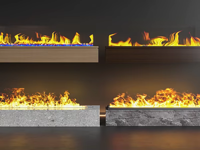 Modern Fireplace Designs With Burning Flames Wooden And Stone Wall Mounted Built In 3d model