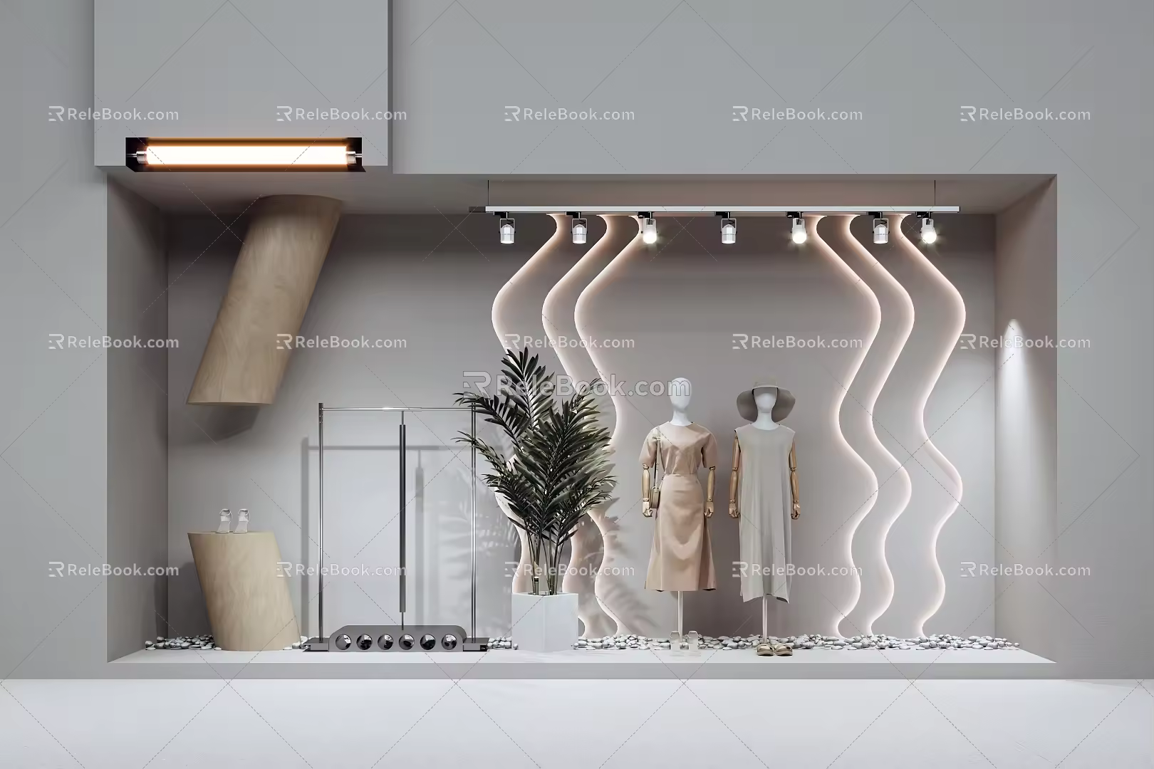 Modern clothing store window window beautiful wavy line background model door lintel track spotlight 3d model