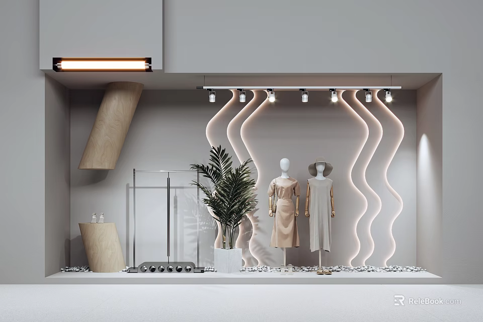 Modern Storefront Event Entrance With Neon Light Decorations Mannequins Green Plant And Glass Display Case 3d model 